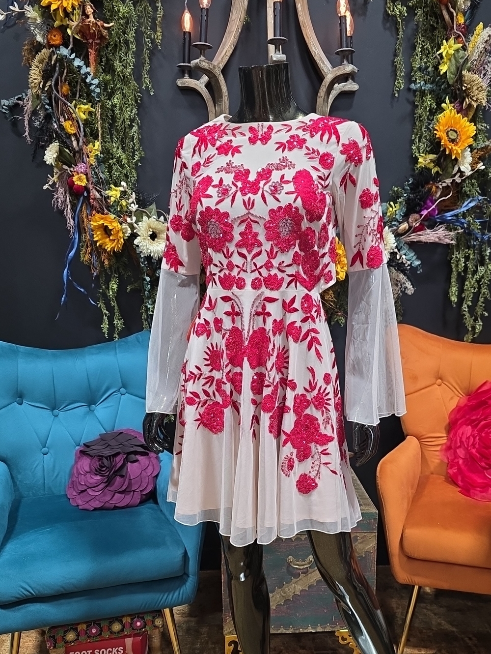 Embroidered Nude & Red Floral Mini Dress with Mesh Lace Bell Sleeves